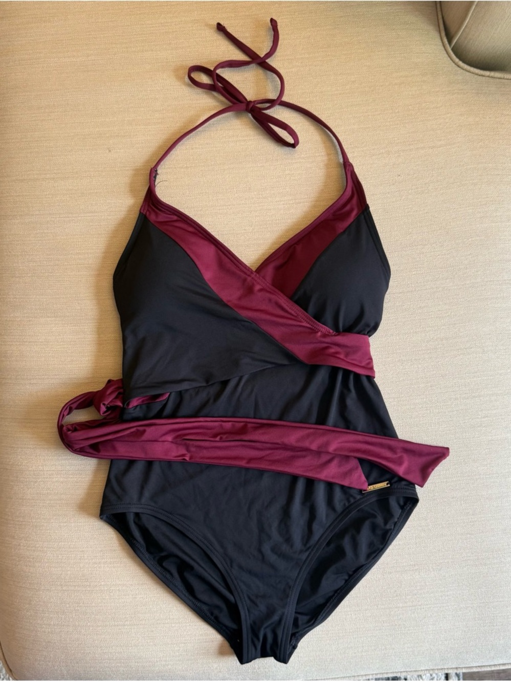 Vince Camuto Black One-Piece Swimsuit with Burgundy Wrap Accents NWOT